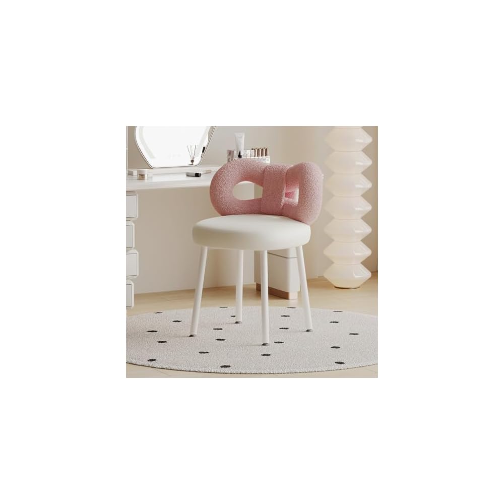 Modern Vanity Chair, Upholstered Faux Leather Vanity Chair Stool 360° Swivel Accent Chair with Cute Bow Backrest for Bedroom Living Room, White