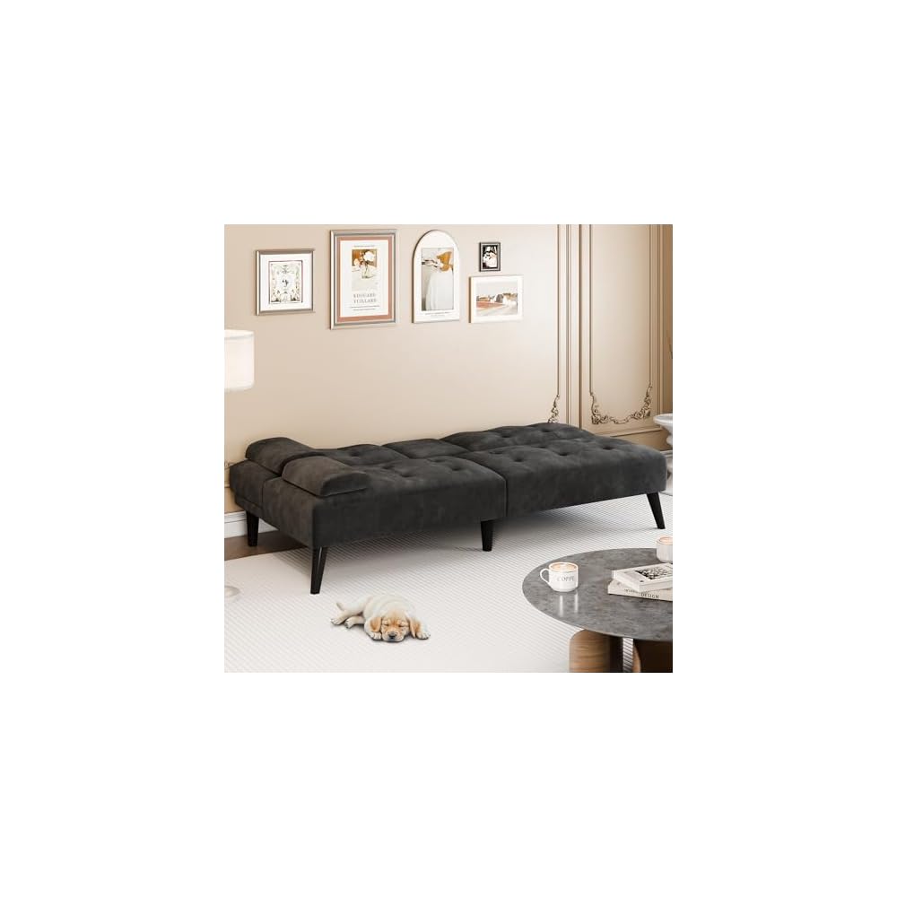 64" Futon Sofa Bed, Small Loveseat, Cup Holders, Black