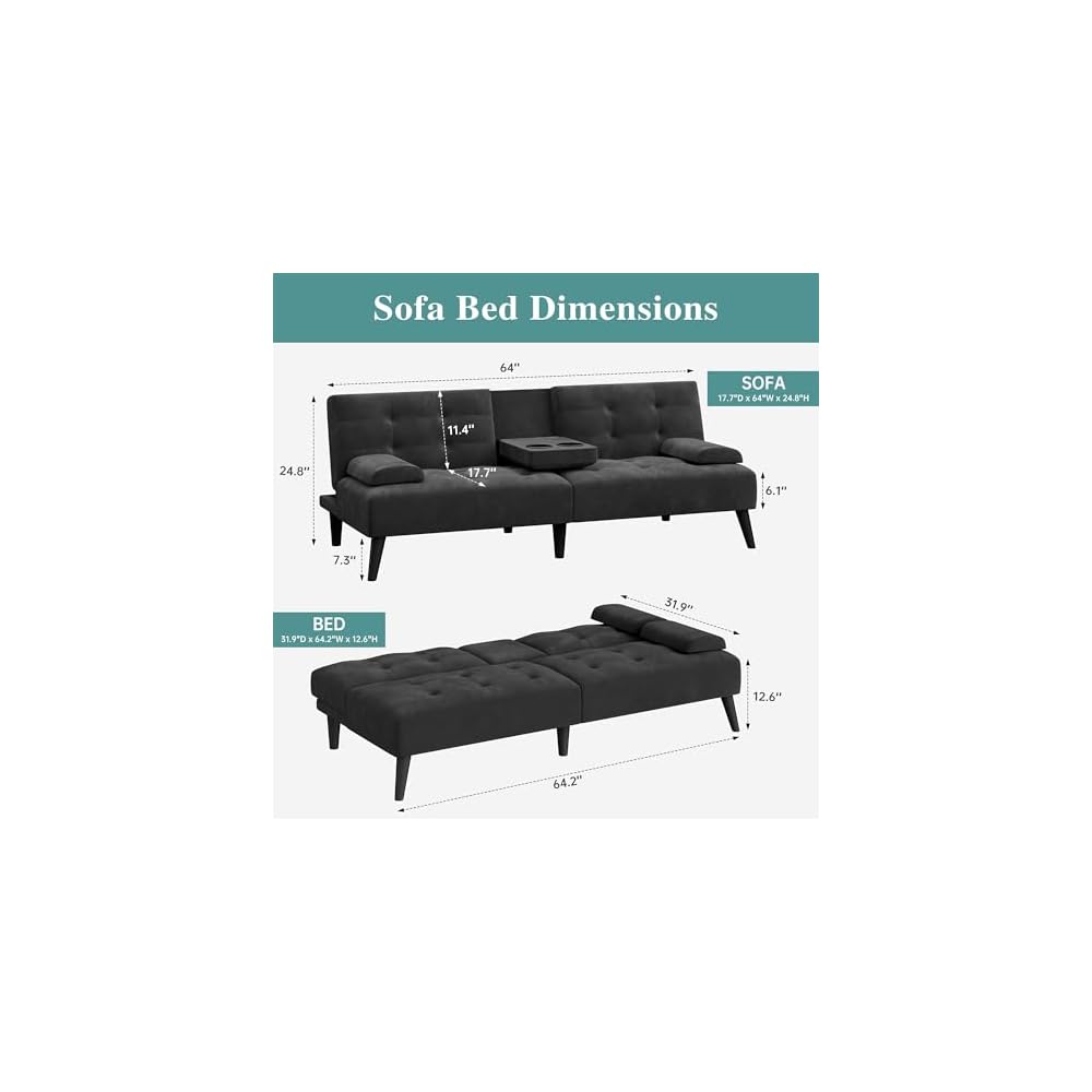 64" Futon Sofa Bed, Small Loveseat, Cup Holders, Black