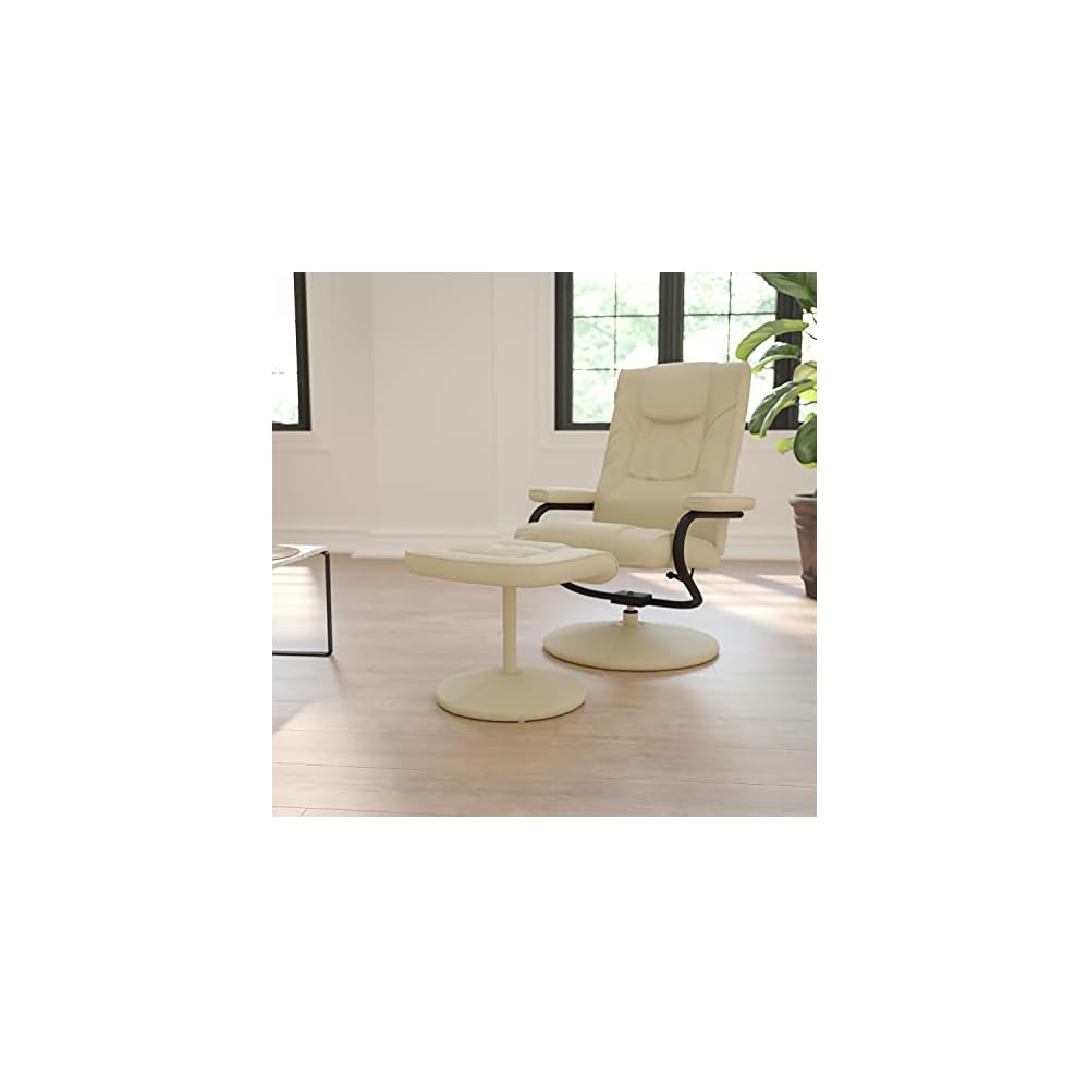 Flash Furniture Rachel Contemporary Multi-Position Recliner and Ottoman with Wrapped Base in Cream LeatherSoft