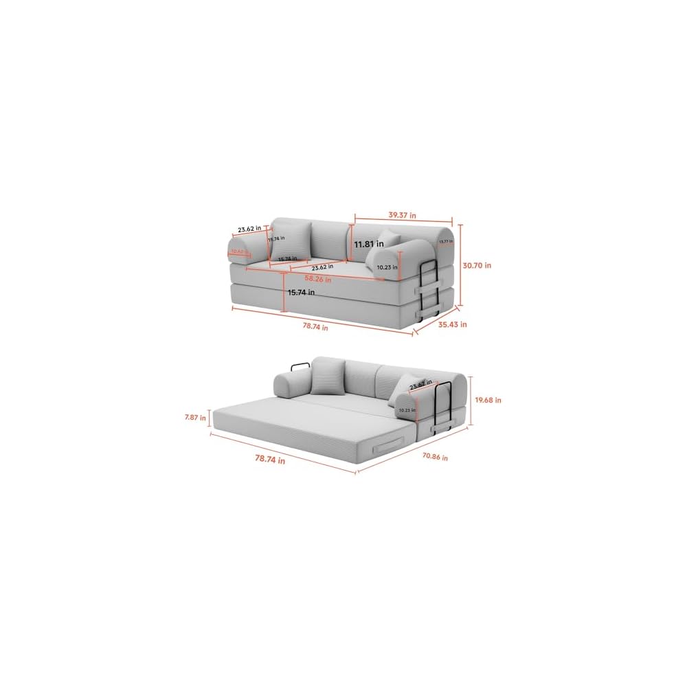 KEIKI 4-in-1 Folding Convertible Sofa Bed, 78" Oversized Loveseat Sleeper with Pull Out Bed, Corduroy Upholstered Boneless Apartment Size Couch for Living Room, Soft Chaise Lounge for Studio, Ochre