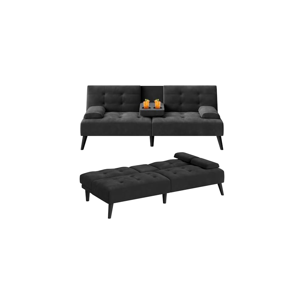 64" Futon Sofa Bed, Small Loveseat, Cup Holders, Black