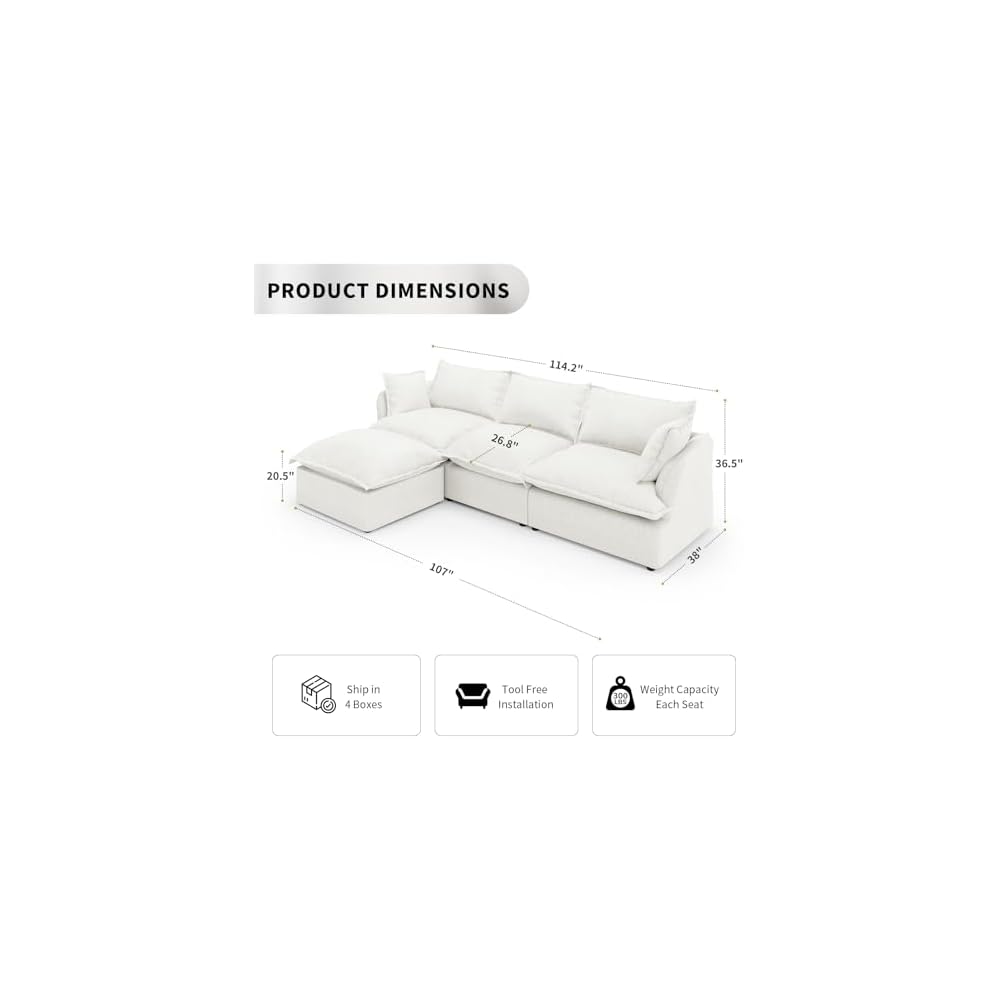Cloud Sectional Sofa,114.2" Large L Shape Convertible Modular Couches,Down Fill Sectional Sofa,Detachable Couch Cushion Covers,4 Seater Corner Sofa with Ottoman for Living Room, Cream White