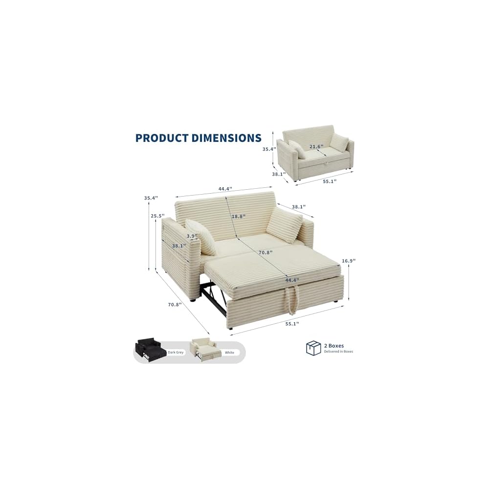 Garvee Futon Sofa Bed, 55'' Loveseat Corduroy Convertible Sleeper Sofa with Pull Out Couch and Adjustable Backrest, 2 Charging Stations, Side Pockets for Living Room, Apartment, Office, White