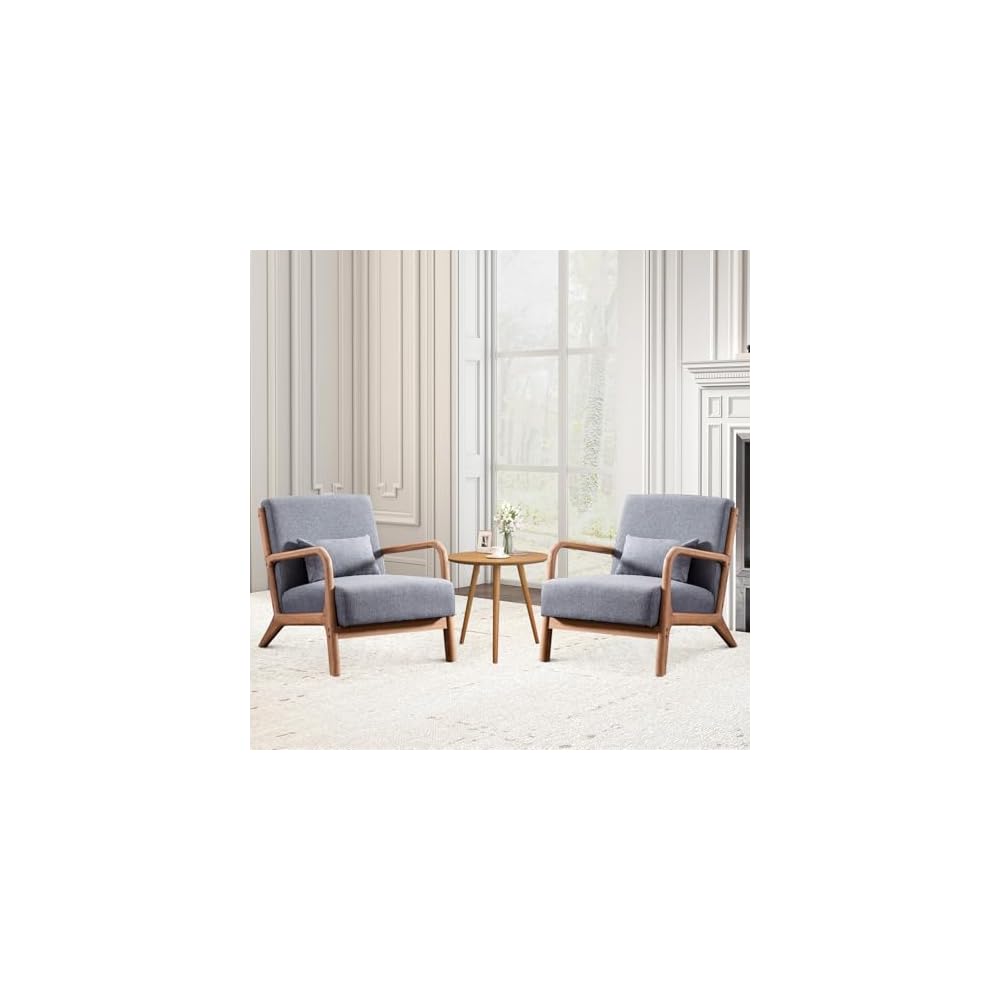 ANJ Mid Century Modern Accent Chairs Set of 2, Comfy Fabric Reading Chair with Solid Wood Frame, Easy Assembly Armchair for Living Room,Grey