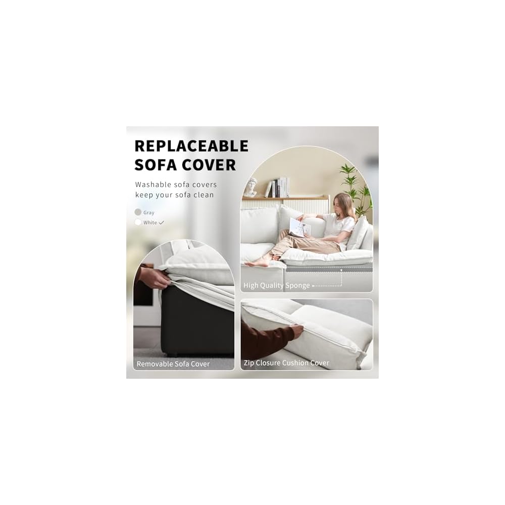 Cloud Sectional Sofa,114.2" Large L Shape Convertible Modular Couches,Down Fill Sectional Sofa,Detachable Couch Cushion Covers,4 Seater Corner Sofa with Ottoman for Living Room, Cream White
