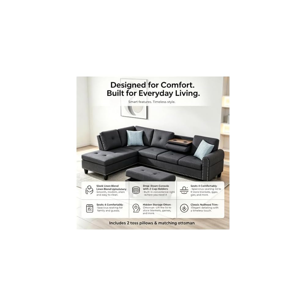 98" Linen Blend L-Shaped Sectional Sofa with Ottoman, Charcoal Grey