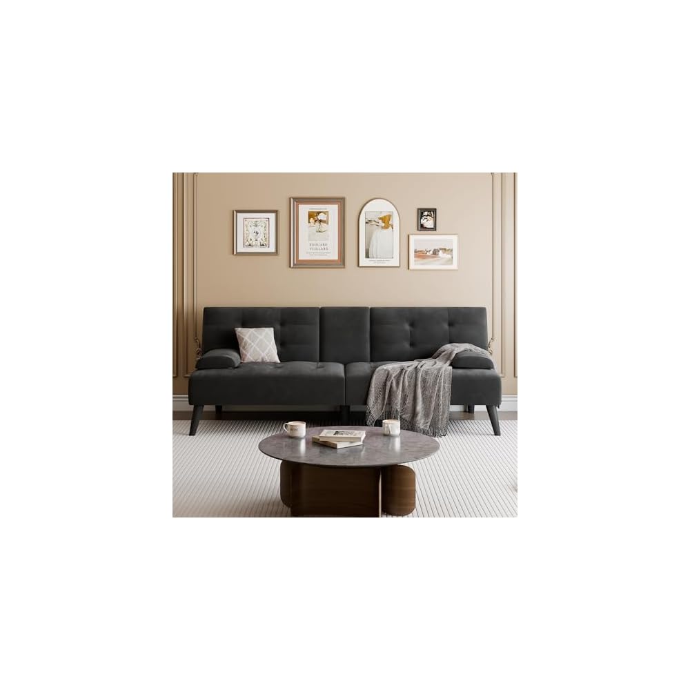 64" Futon Sofa Bed, Small Loveseat, Cup Holders, Black