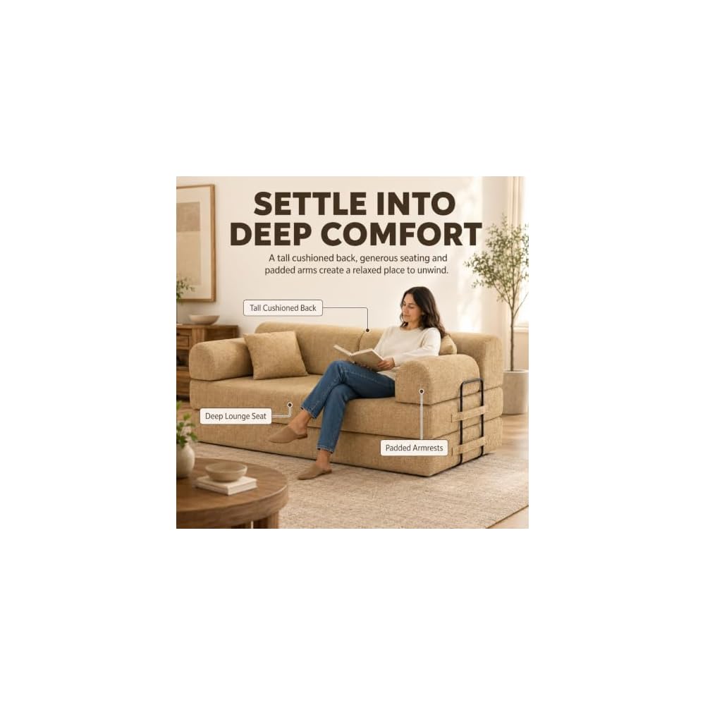 KEIKI 4-in-1 Folding Convertible Sofa Bed, 78" Oversized Loveseat Sleeper with Pull Out Bed, Corduroy Upholstered Boneless Apartment Size Couch for Living Room, Soft Chaise Lounge for Studio, Ochre