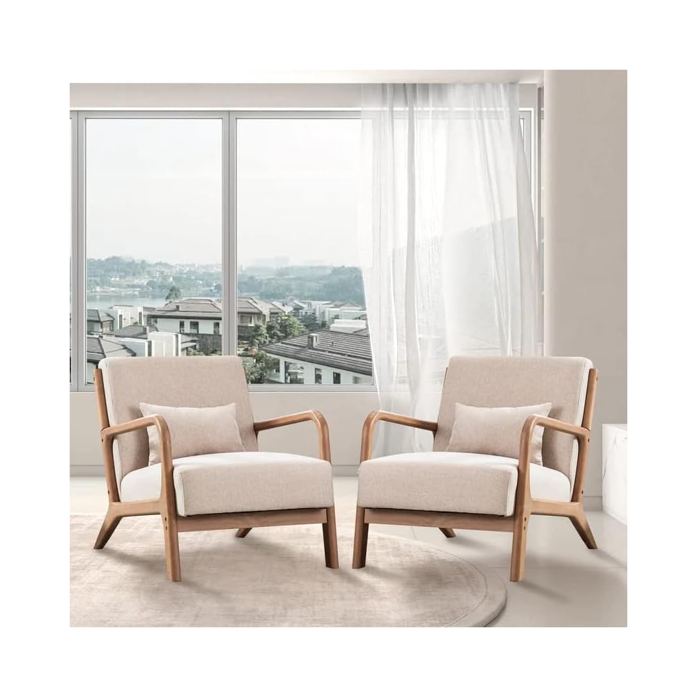 ANJ Mid Century Modern Accent Chairs Set of 2, Comfy Fabric Reading Chair with Solid Wood Frame, Easy Assembly Armchair for Living Room,Grey