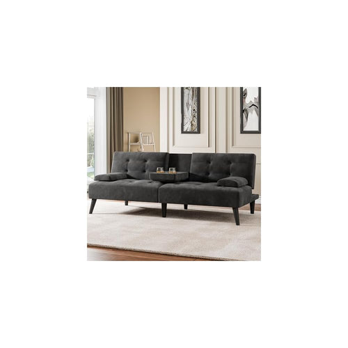 64" Futon Sofa Bed, Small Loveseat, Cup Holders, Black