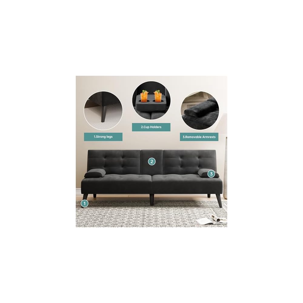 64" Futon Sofa Bed, Small Loveseat, Cup Holders, Black