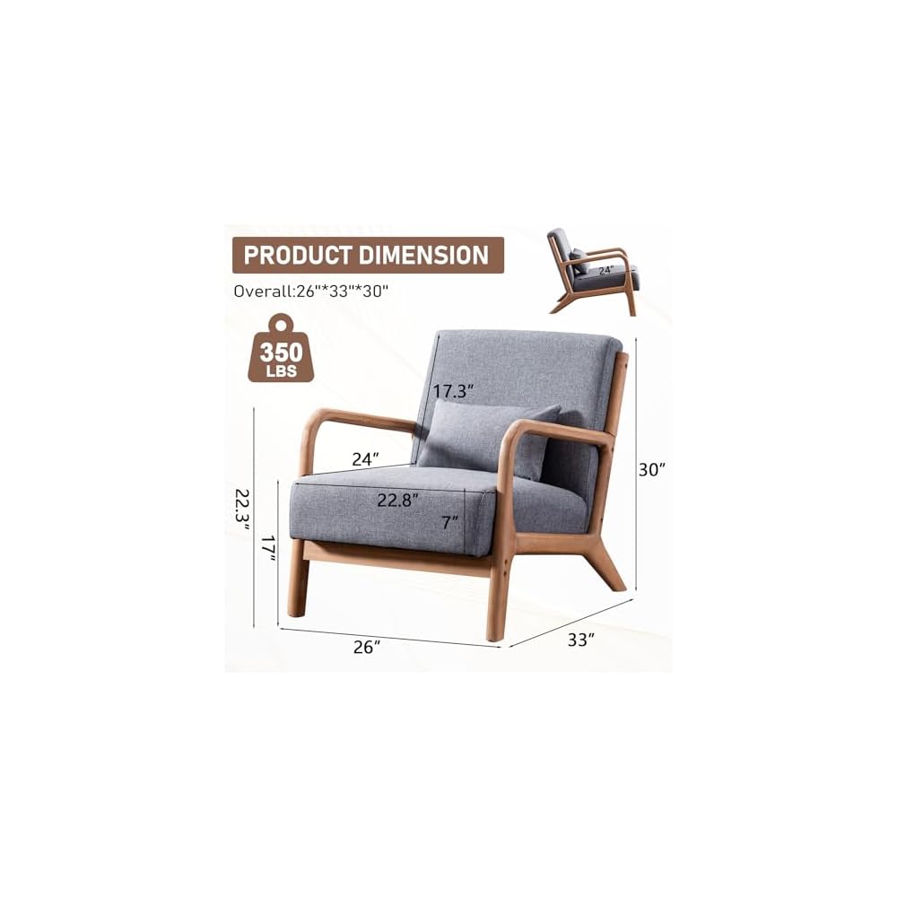ANJ Mid Century Modern Accent Chairs Set of 2, Comfy Fabric Reading Chair with Solid Wood Frame, Easy Assembly Armchair for Living Room,Grey