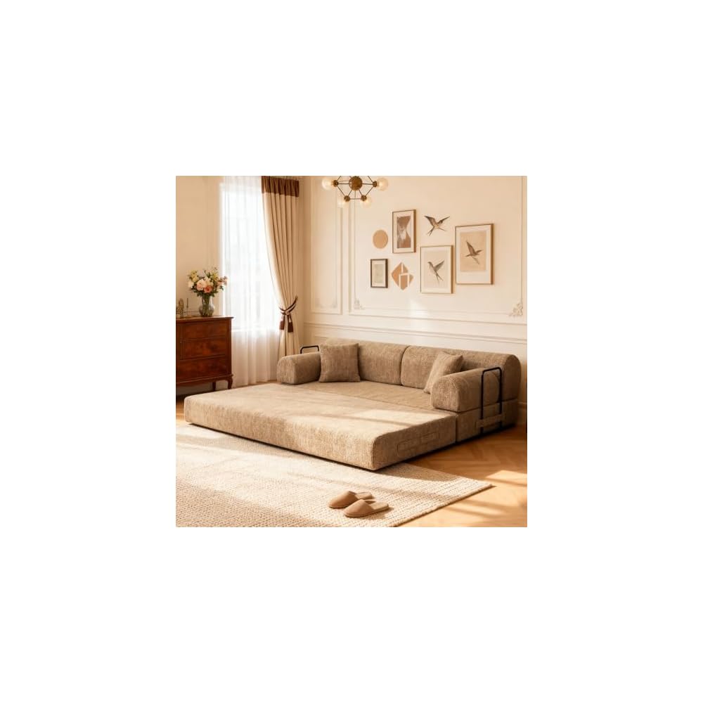KEIKI 4-in-1 Folding Convertible Sofa Bed, 78" Oversized Loveseat Sleeper with Pull Out Bed, Corduroy Upholstered Boneless Apartment Size Couch for Living Room, Soft Chaise Lounge for Studio, Ochre