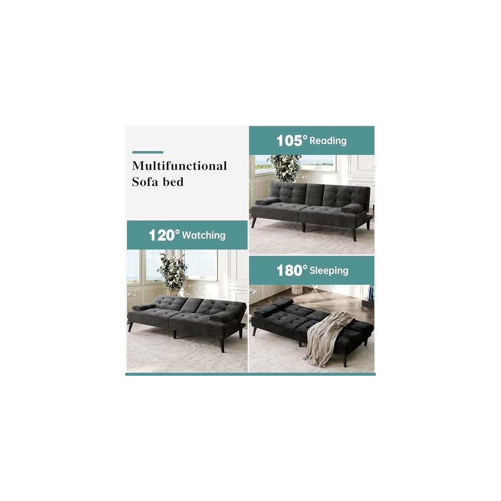 64" Futon Sofa Bed, Small Loveseat, Cup Holders, Black