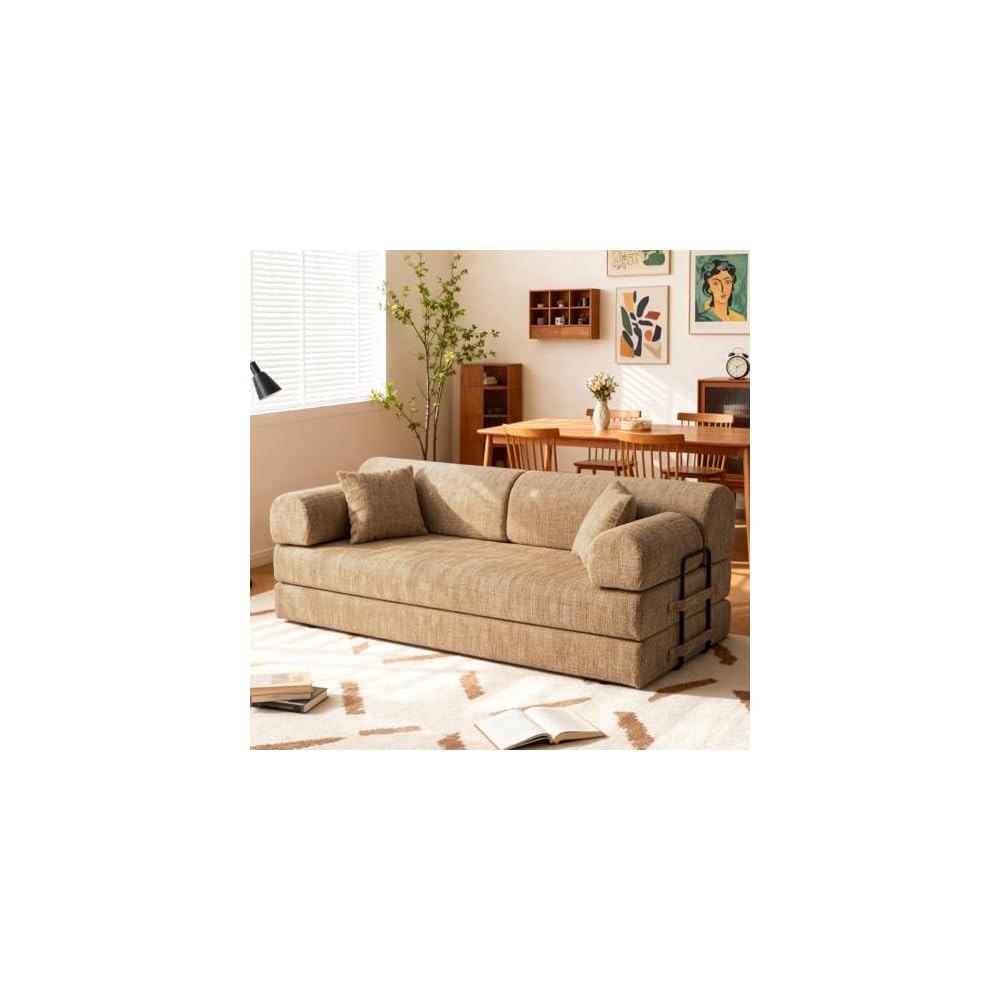 KEIKI 4-in-1 Folding Convertible Sofa Bed, 78" Oversized Loveseat Sleeper with Pull Out Bed, Corduroy Upholstered Boneless Apartment Size Couch for Living Room, Soft Chaise Lounge for Studio, Ochre