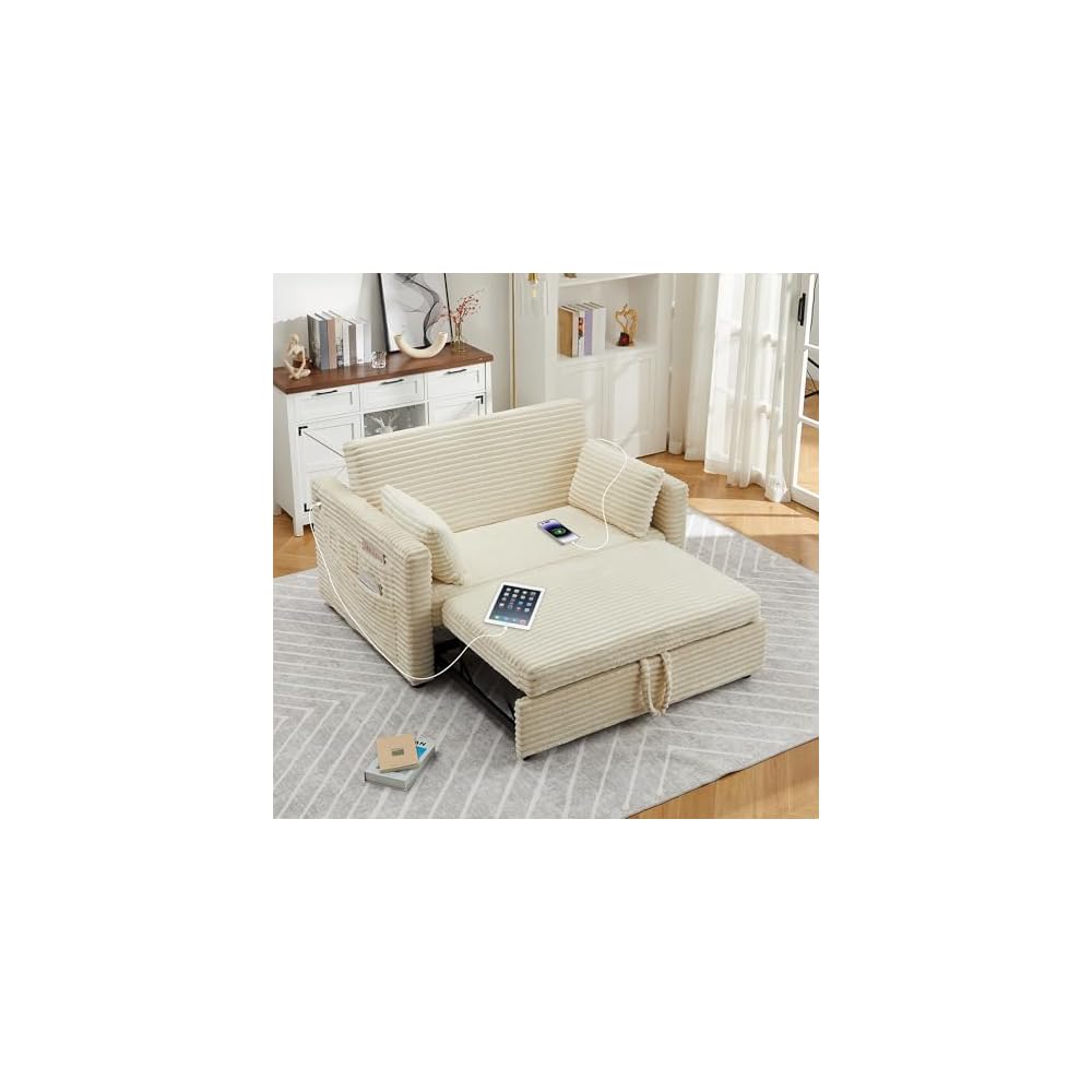 Garvee Futon Sofa Bed, 55'' Loveseat Corduroy Convertible Sleeper Sofa with Pull Out Couch and Adjustable Backrest, 2 Charging Stations, Side Pockets for Living Room, Apartment, Office, White