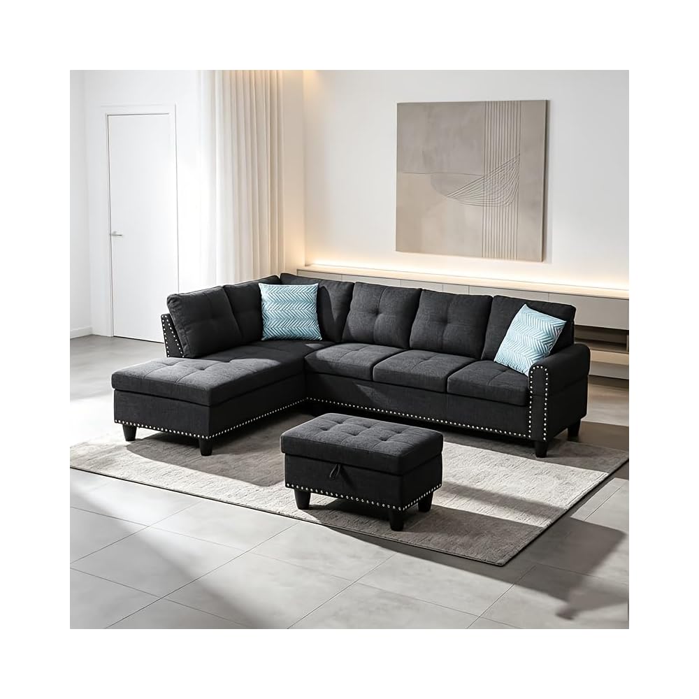 98" Linen Blend L-Shaped Sectional Sofa with Ottoman, Charcoal Grey