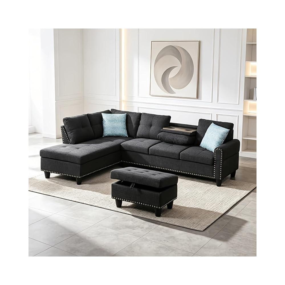 98" Linen Blend L-Shaped Sectional Sofa with Ottoman, Charcoal Grey