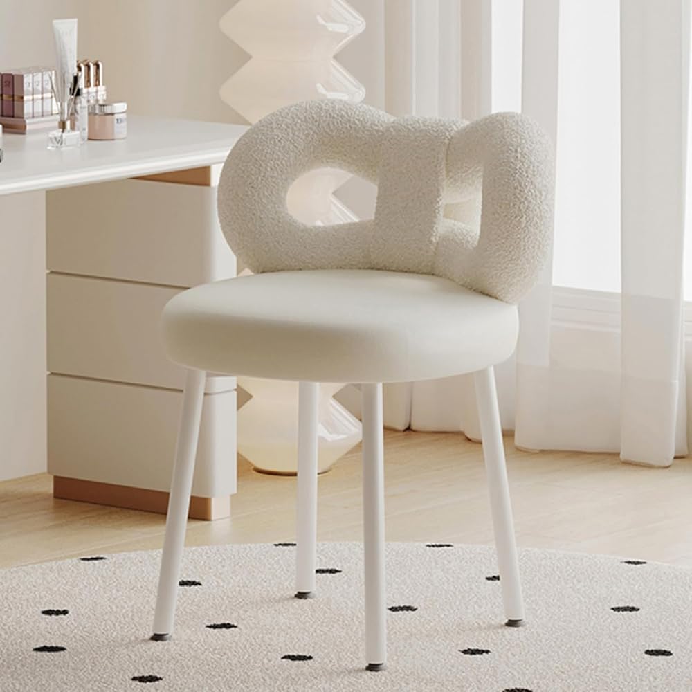 Modern Vanity Chair, Upholstered Faux Leather Vanity Chair Stool 360° Swivel Accent Chair with Cute Bow Backrest for Bedroom Living Room, White