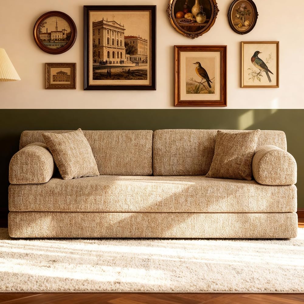 KEIKI 4-in-1 Folding Convertible Sofa Bed, 78" Oversized Loveseat Sleeper with Pull Out Bed, Corduroy Upholstered Boneless Apartment Size Couch for Living Room, Soft Chaise Lounge for Studio, Ochre