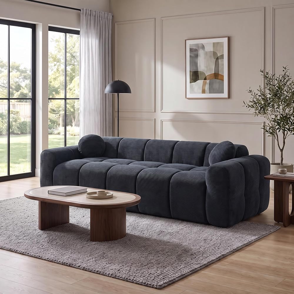 98.4" Cloud Sofa Couches, Comfy Upholstered Corduroy 3-Seater Boneless Marshmallow Couch, Modern Oversized Loveseat Sofa with Pillows for Living Room Apartment Small Spaces, Black